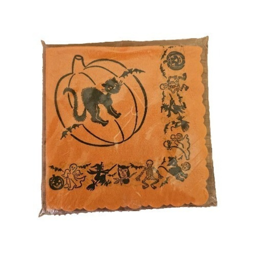 Vintage Crepe/Paper Halloween Beverage Napkin Set Of 24 Black Cat, Pumpkin 4.5"